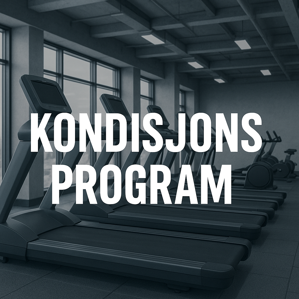 Tredemøller i et treningsstudio med teksten Kondisjons Program over bildet.