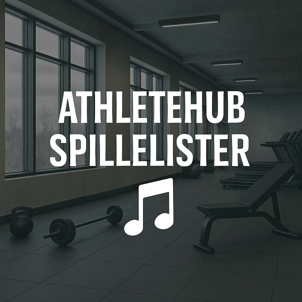 Treningsutstyr i et treningssenter med teksten «AthleteHub spillelister» og en musikknote-symbol over.
