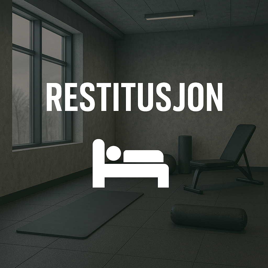 Treningsrom med matte, treningsbenk og rulle med teksten Restitusjon og symbol av person i seng.