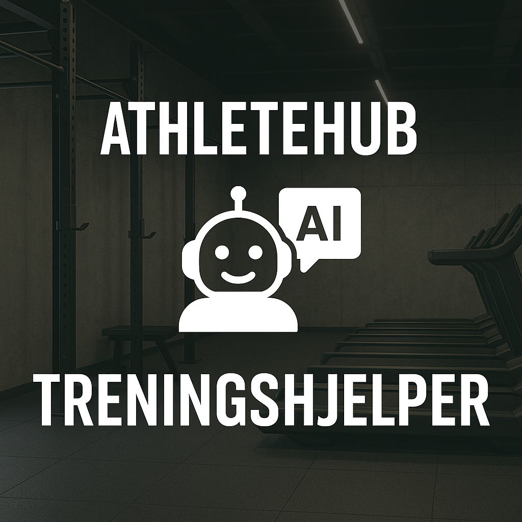 Logo for AthleteHub med et smilende robotikon og teksten 'AI', over og under er det tekst på norsk som sier 'ATHLETEHUB TRENINGSHJELPER'.