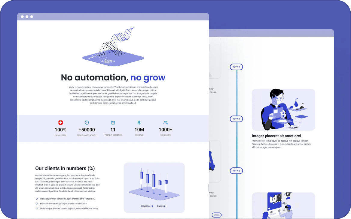 Webpage mockup showing business analytics with key metrics and client statistics presented alongside illustration of a connected robot hand.