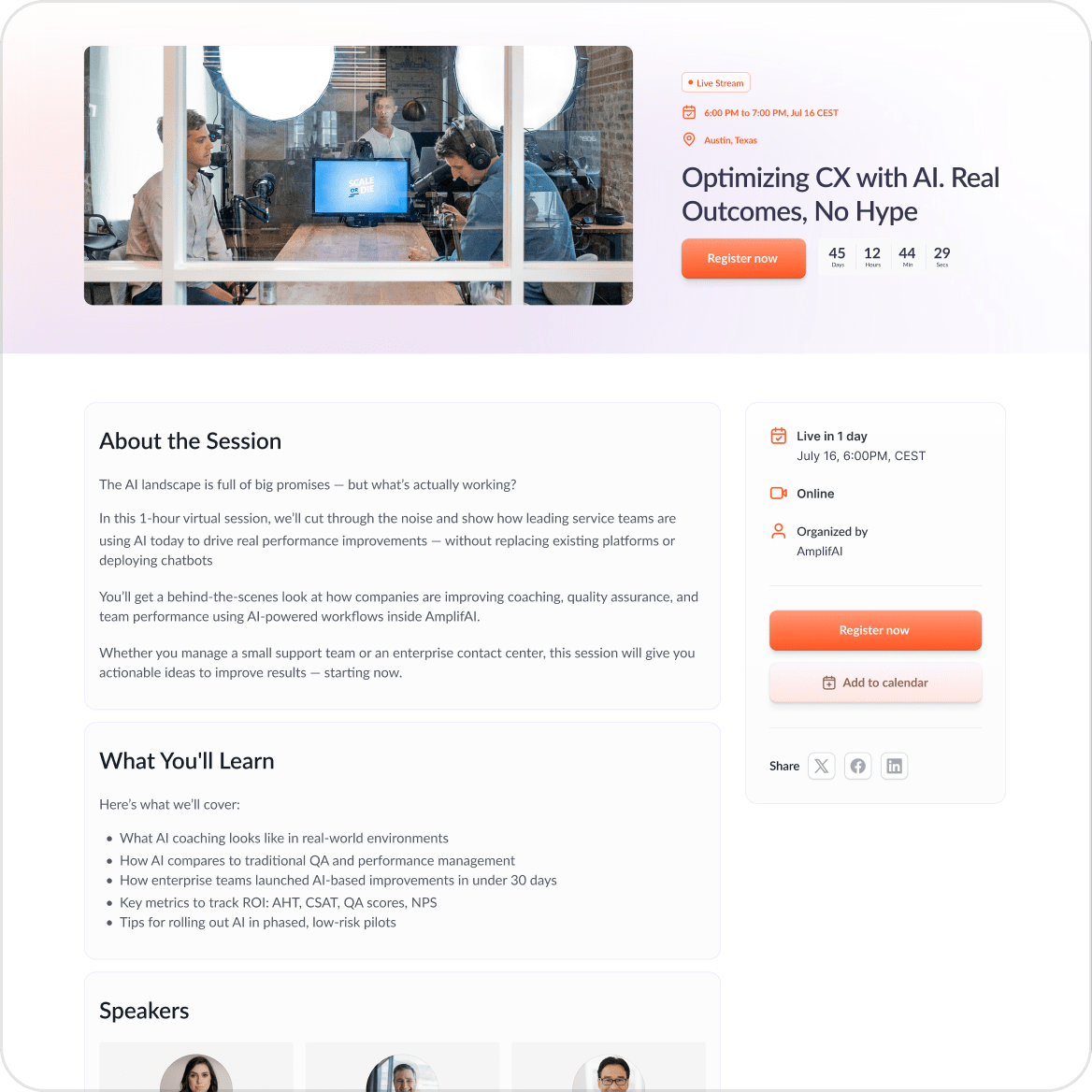 Virtual event registration page for a live stream on optimizing CX with AI, showing session details, agenda, and speaker photos.