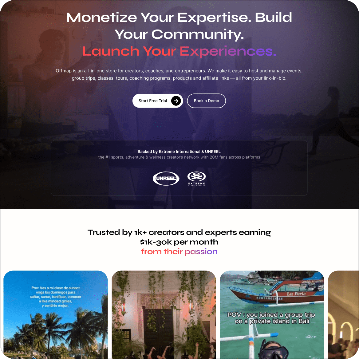 Website header with text promoting monetizing expertise and building a community, featuring buttons for starting a free trial and booking a demo, with logos of Universal Entertainment and UNREEL.