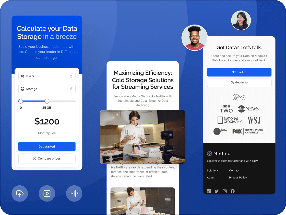 User interface showing data storage pricing calculator, informational content about cold storage solutions, and a sign-up form for Medulus with user profile icons.