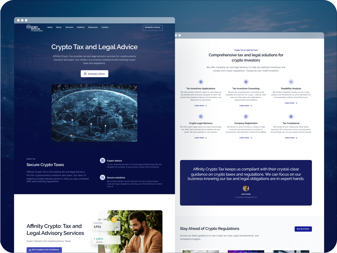 Website homepage of Affinity Crypto Tax showing services and legal advice for cryptocurrency investors, with sections on tax incentives, legal advisory, compliance, and client testimonial.