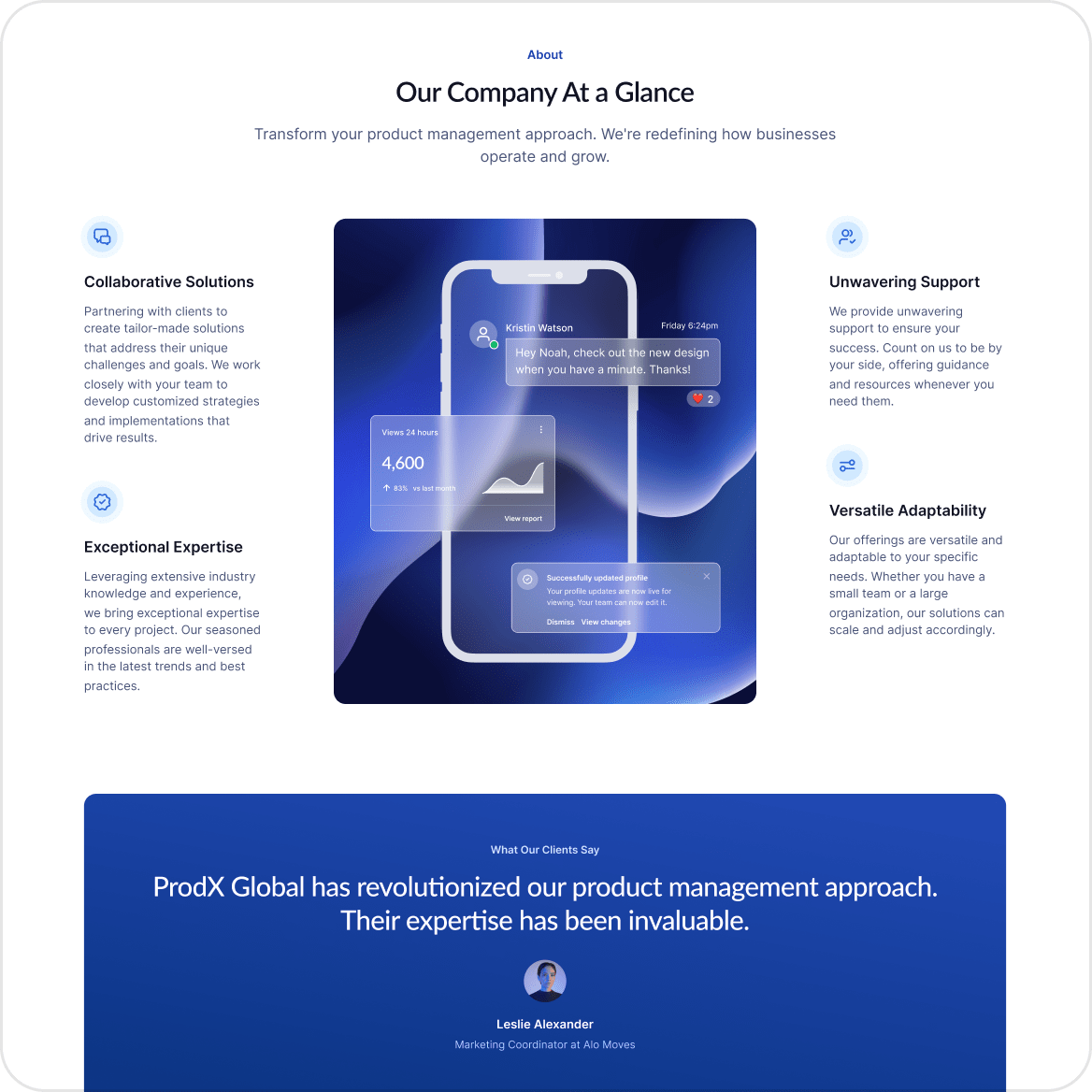 Company overview page with sections on Collaborative Solutions, Exceptional Expertise, Unwavering Support, and Versatile Adaptability, featuring a smartphone graphic with chat, analytics, and profile update notifications, plus a client testimonial from Leslie Alexander.