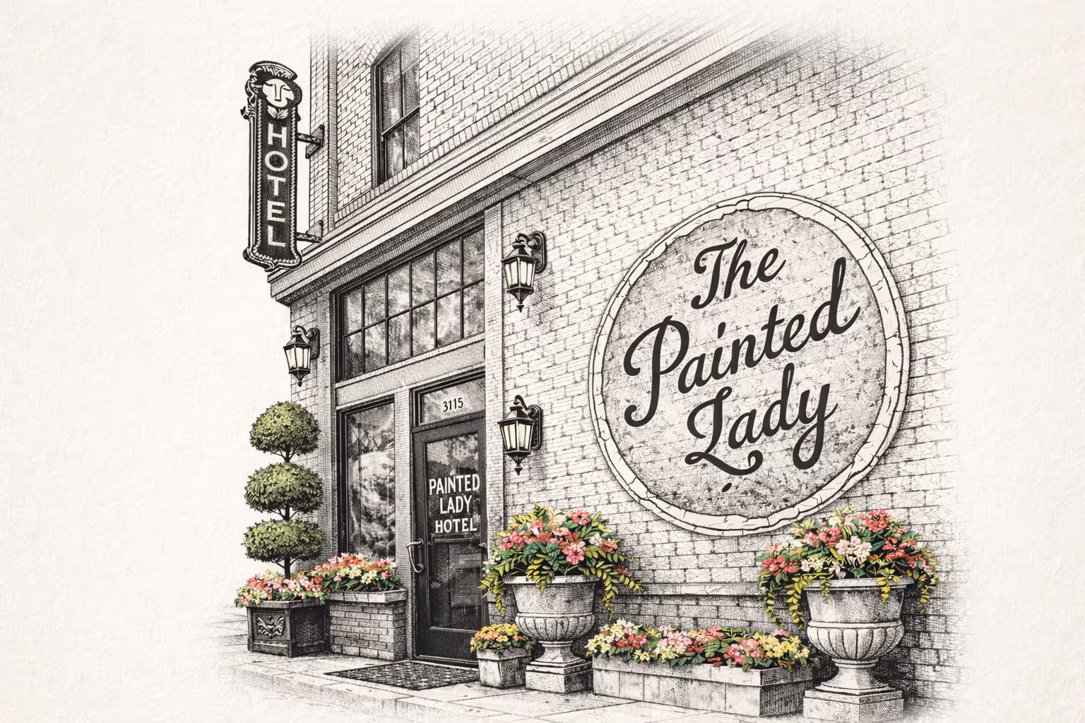 Illustration of the entrance to Painted Lady Hotel with decorative plants and a large round sign on brick wall.