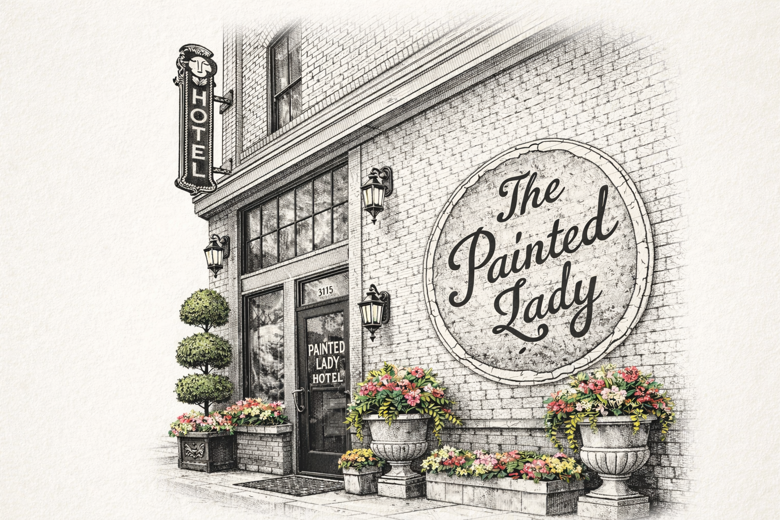 Illustration of the entrance to Painted Lady Hotel with decorative plants and a large round sign on brick wall.