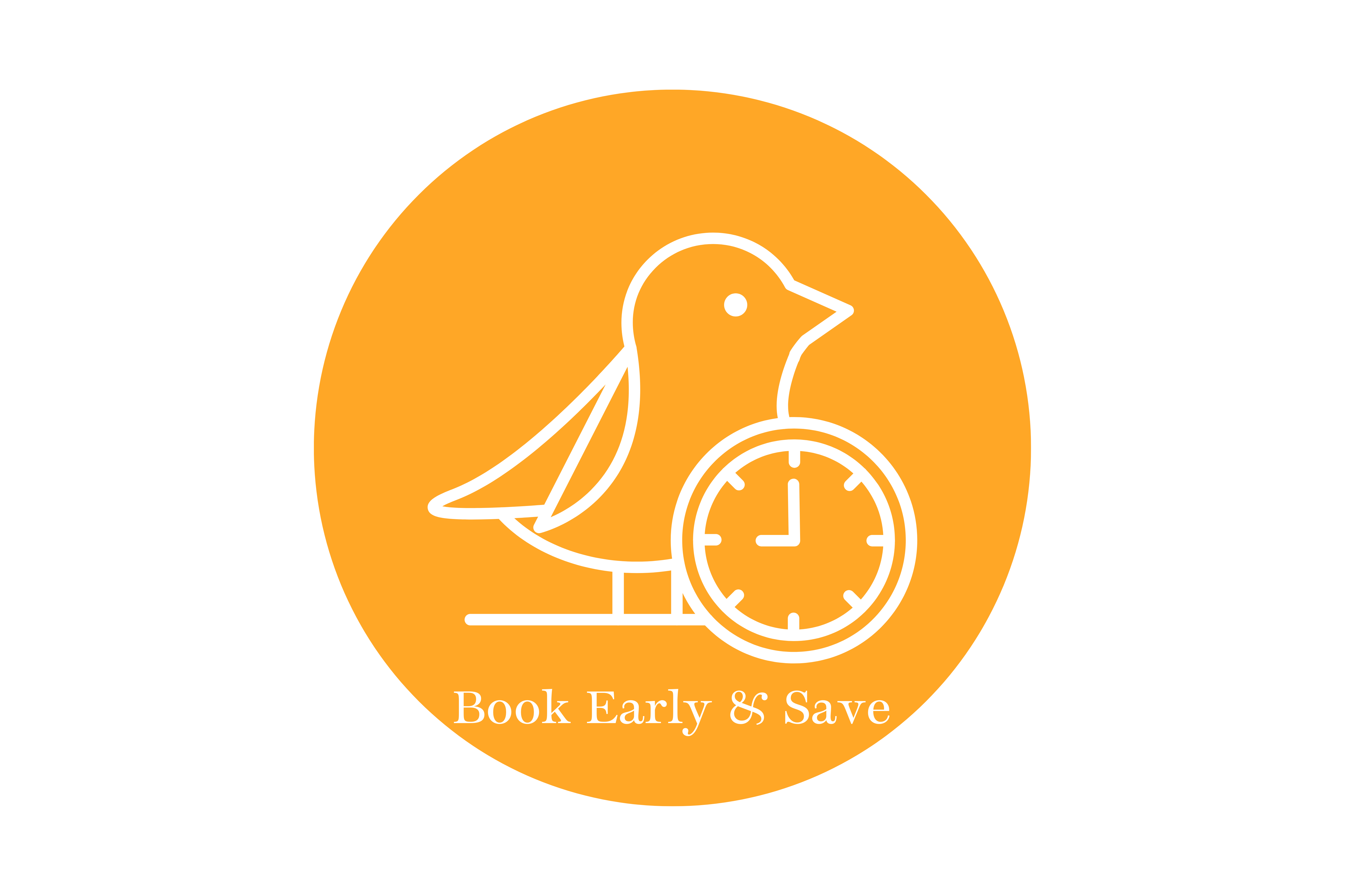 White line drawing of a bird with a clock showing 3 o'clock on an orange circular background with text 'Book Early & Save'.