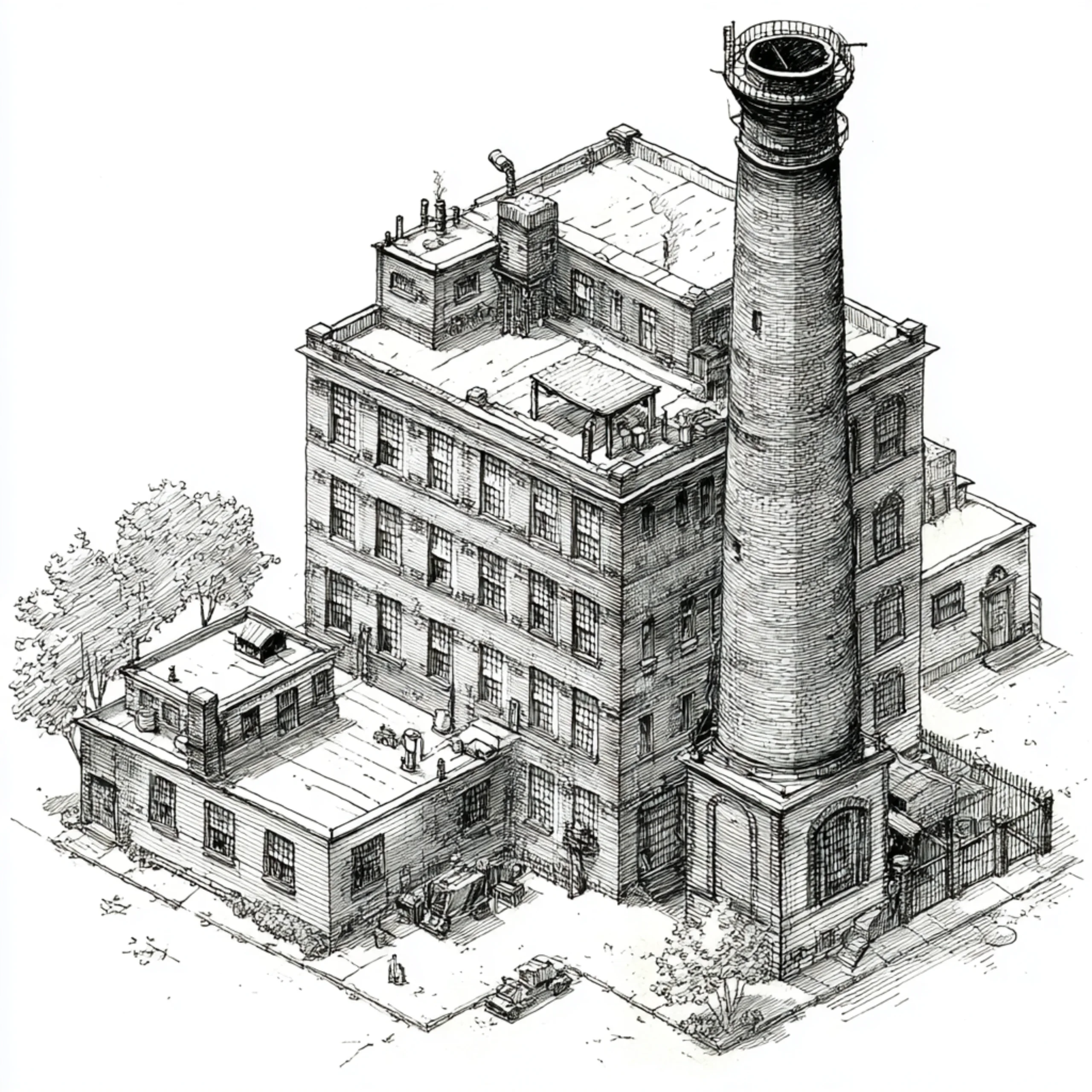 The image of a 1950s industrial facility with a high chimney.