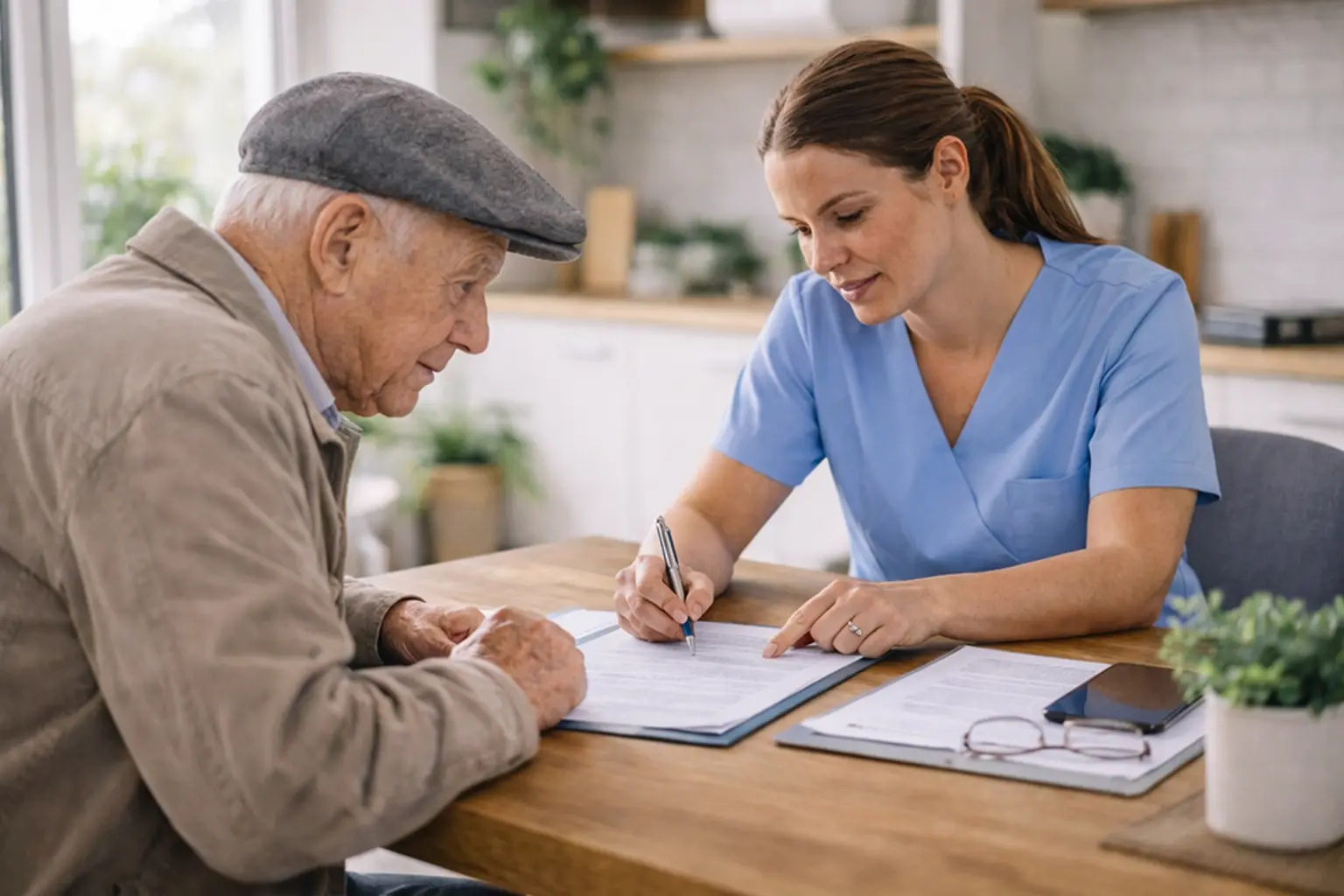 Pflegefachkraft des ambulanten Pflegedienst Allen unterstützt einen Senior bei der professionellen Antragshilfe und erklärt verständlich Pflegeanträge und Leistungen.