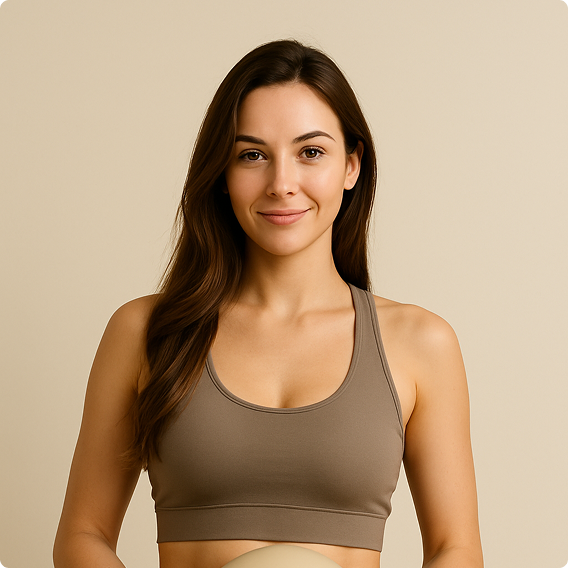 Smiling young woman with long brown hair in a brown sports bra against a beige background.