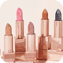 Five tubes of lipstick in various shades of pink, brown, and black displayed on rose gold stands.