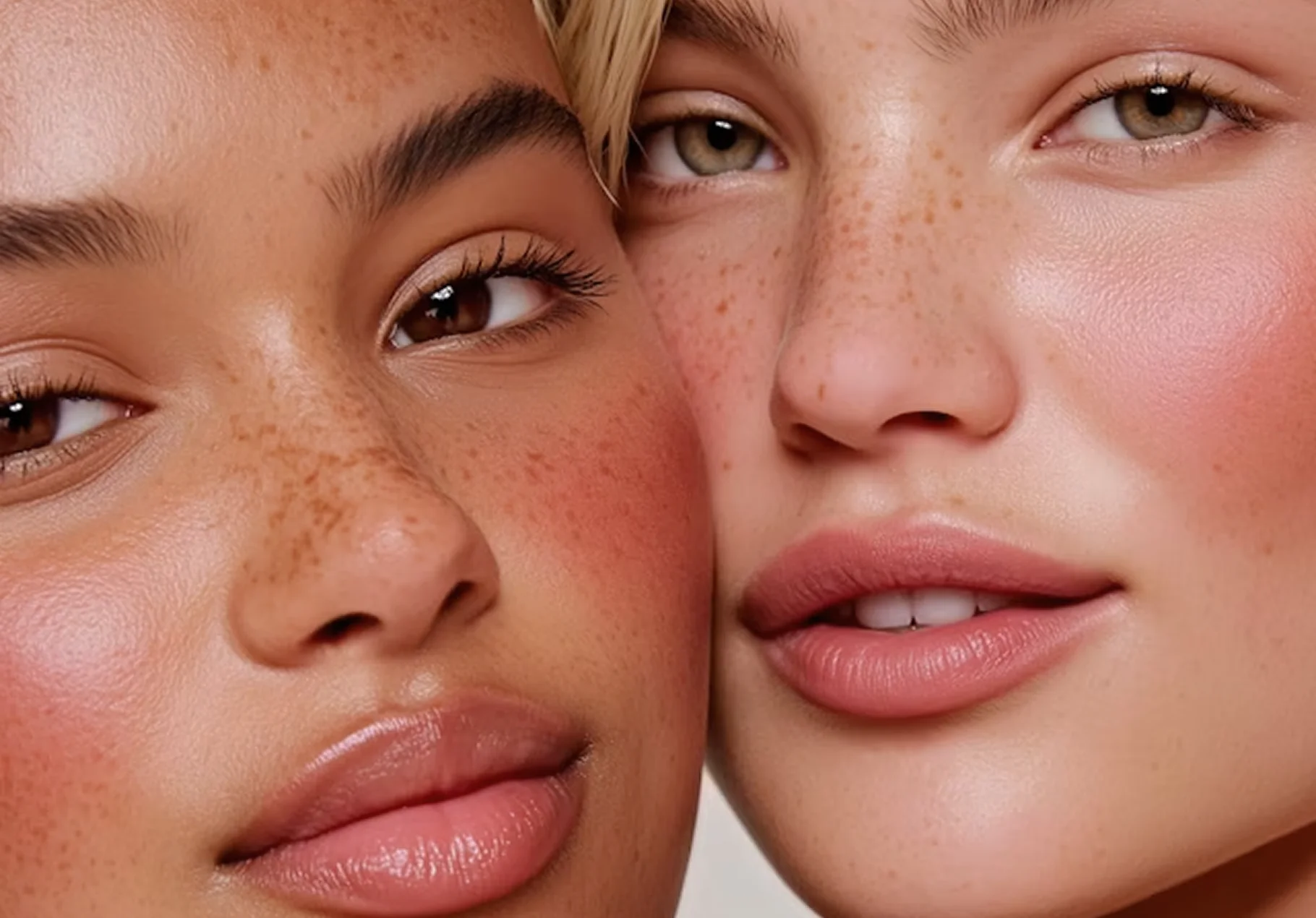 Close-up of two women with natural freckles, clear skin, and neutral lip color, showing diverse skin tones.
