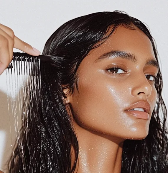 Close-up of a woman with wet black hair being combed with a black comb.