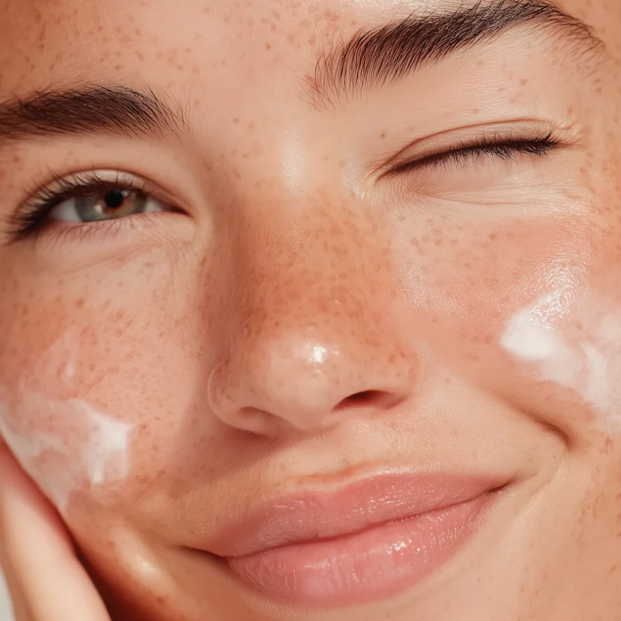 Close-up of a freckled person smiling with moisturizer applied on their cheeks.