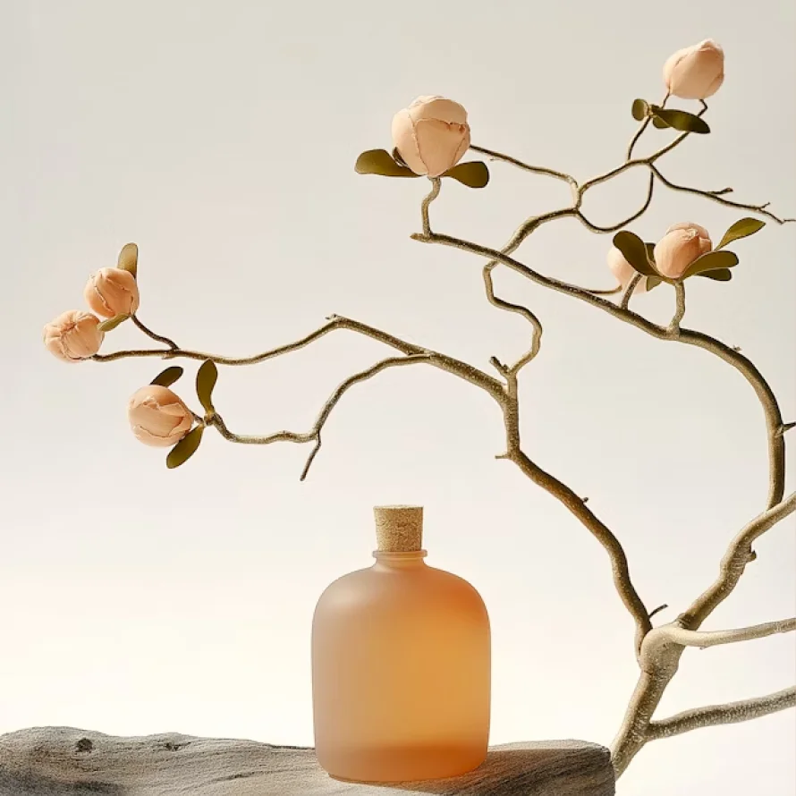 Matte amber glass bottle with cork stopper on wooden surface with delicate branch of artificial peach-colored flowers.