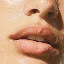 Close-up of lips and lower nose with water droplets on the skin.