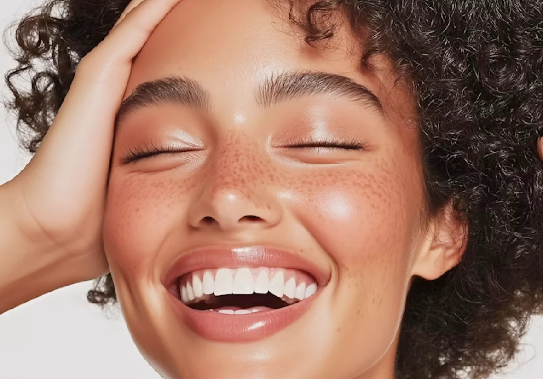 Close-up of a smiling person with curly hair, closed eyes, and freckles.