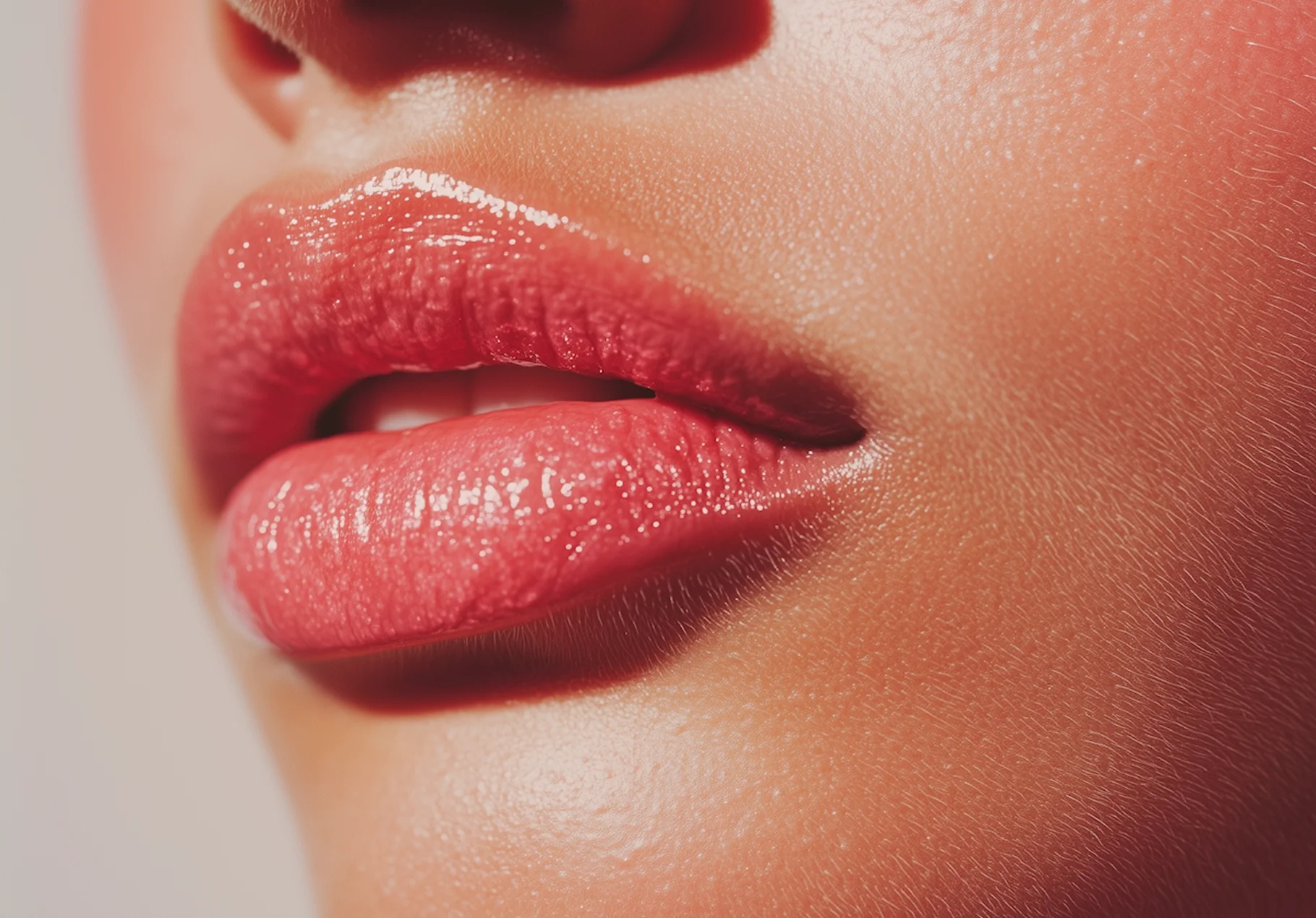 Close-up of glossy pink lips on smooth skin with a slight part showing teeth.