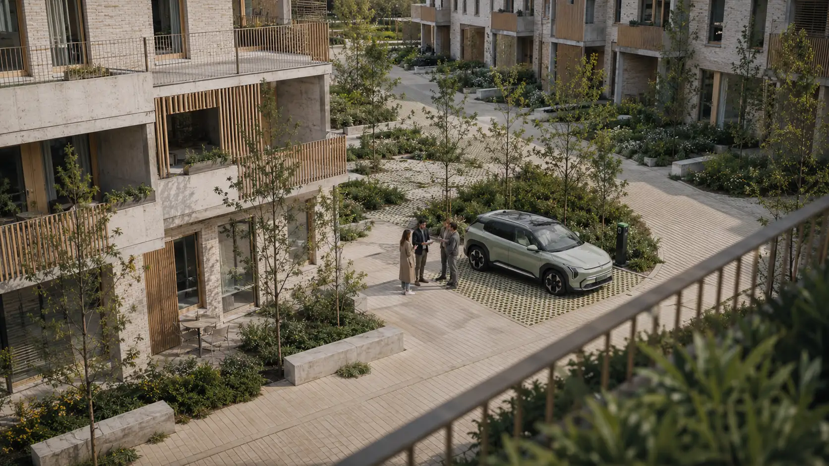Overzicht van een woonproject met groen, semi-publieke ruimte en een elektrische deelwagen op standplaats