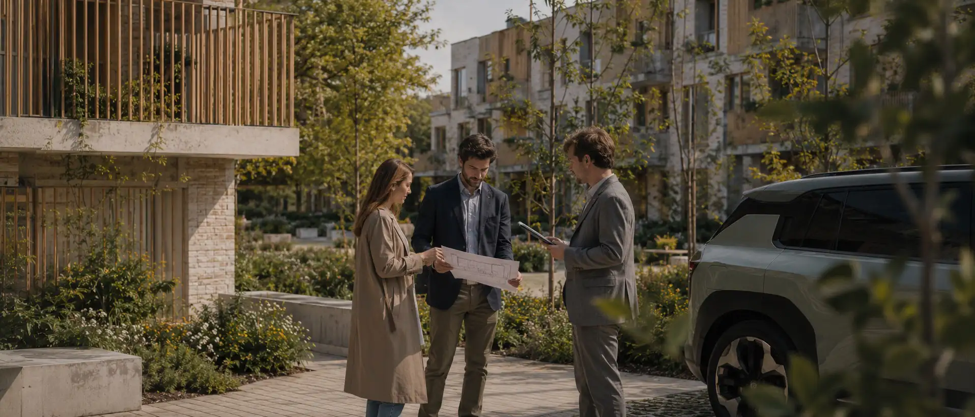 Drie professionals bekijken samen een projectplan op locatie, met een elektrische deelwagen op de achtergrond