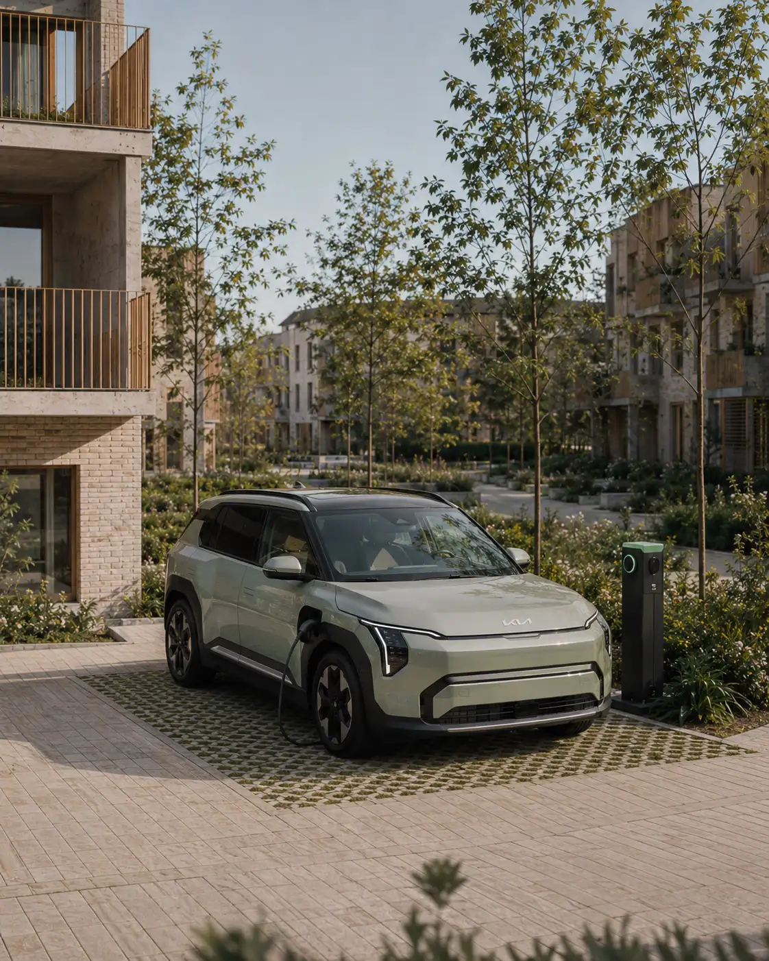 Elektrische deelwagen aan een laadpunt op een standplaats in een woonproject