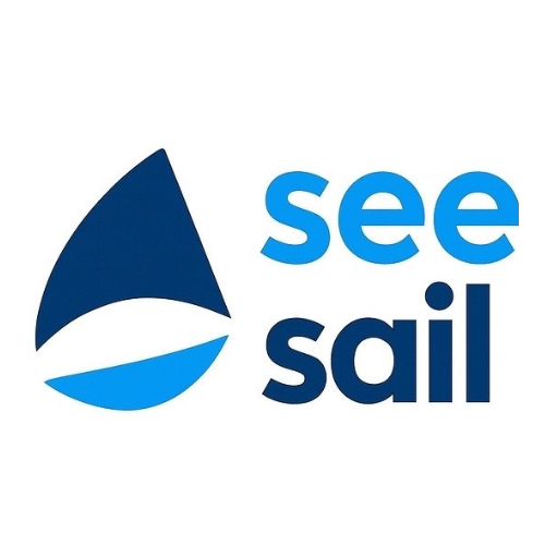 Logo with a stylized sailboat icon and the words 'see sail' in blue and dark blue text.