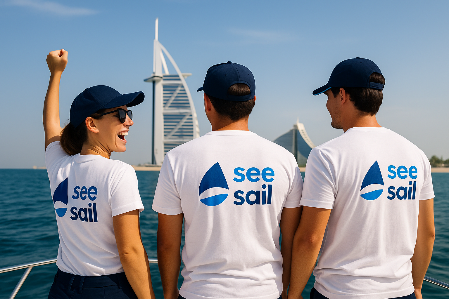 Three people wearing white t-shirts with 'see sail' logo stand on a boat facing the sea with Burj Al Arab in the background.