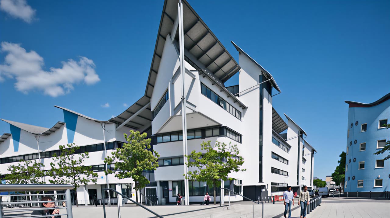 Modern white building with sharp slanted roofs under a clear blue sky, with people walking and sitting nearby.