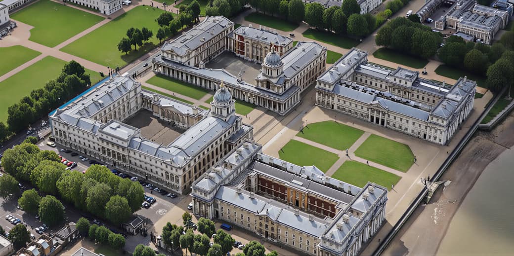 Aerial view of a large historic European-style palace complex with multiple connected buildings surrounding courtyards and green lawns near a riverbank.