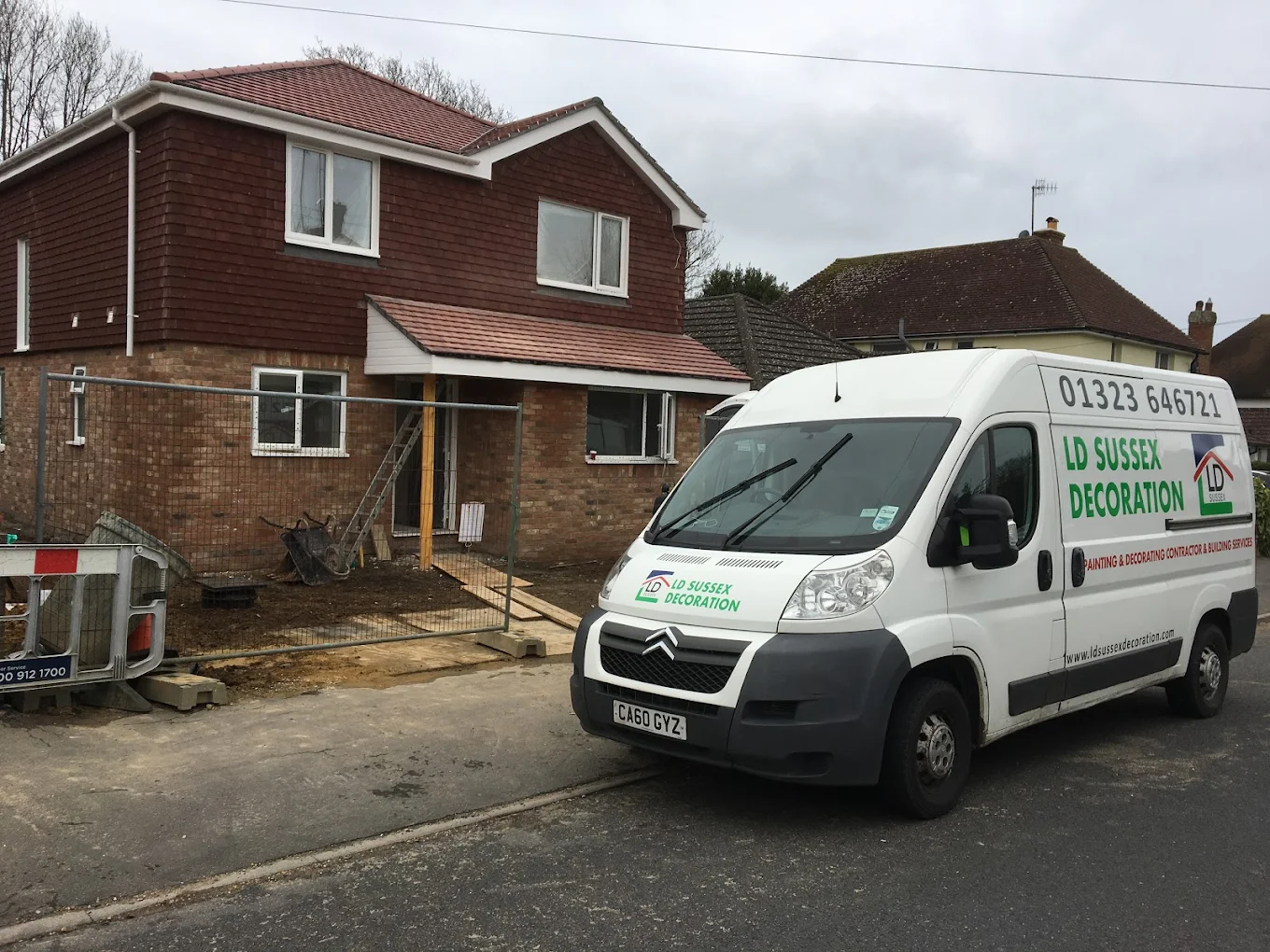 The LD Sussex Decoration van parked outside a new build project close to Crawley, East Sussex