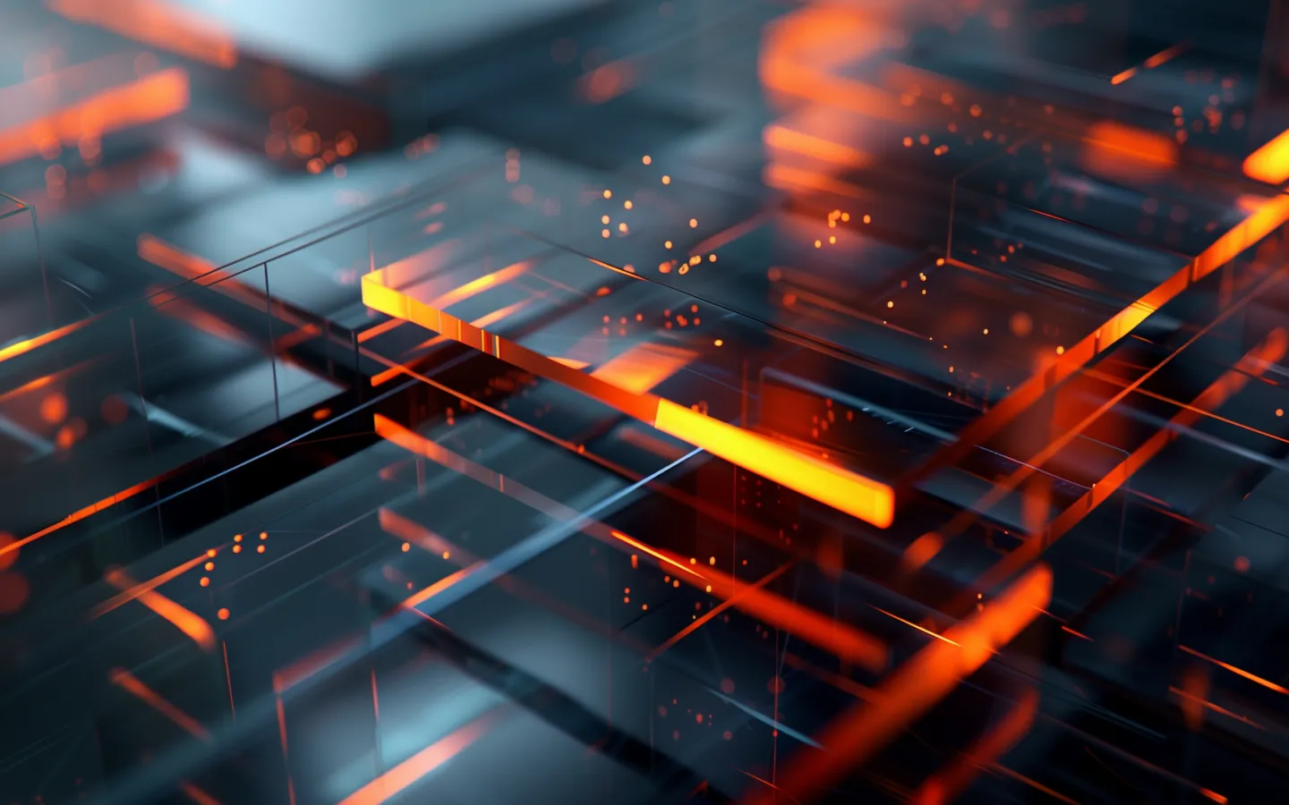 abstract geometric web interface floating in space, layers of translucent glass panels, orange accent lights