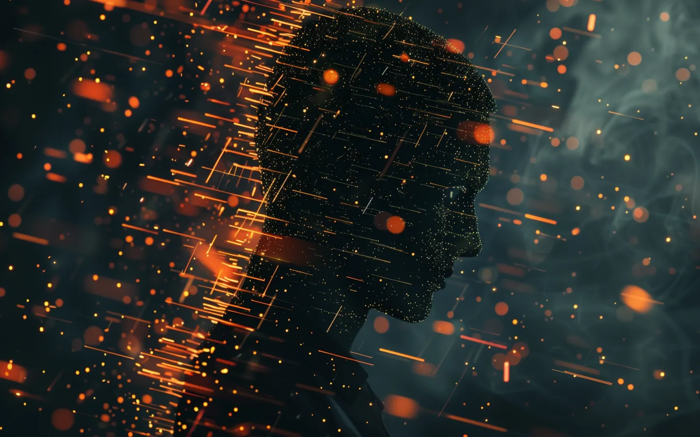 human silhouette dissolving into geometric patterns and UI elements, psychology meets design, orange light particles