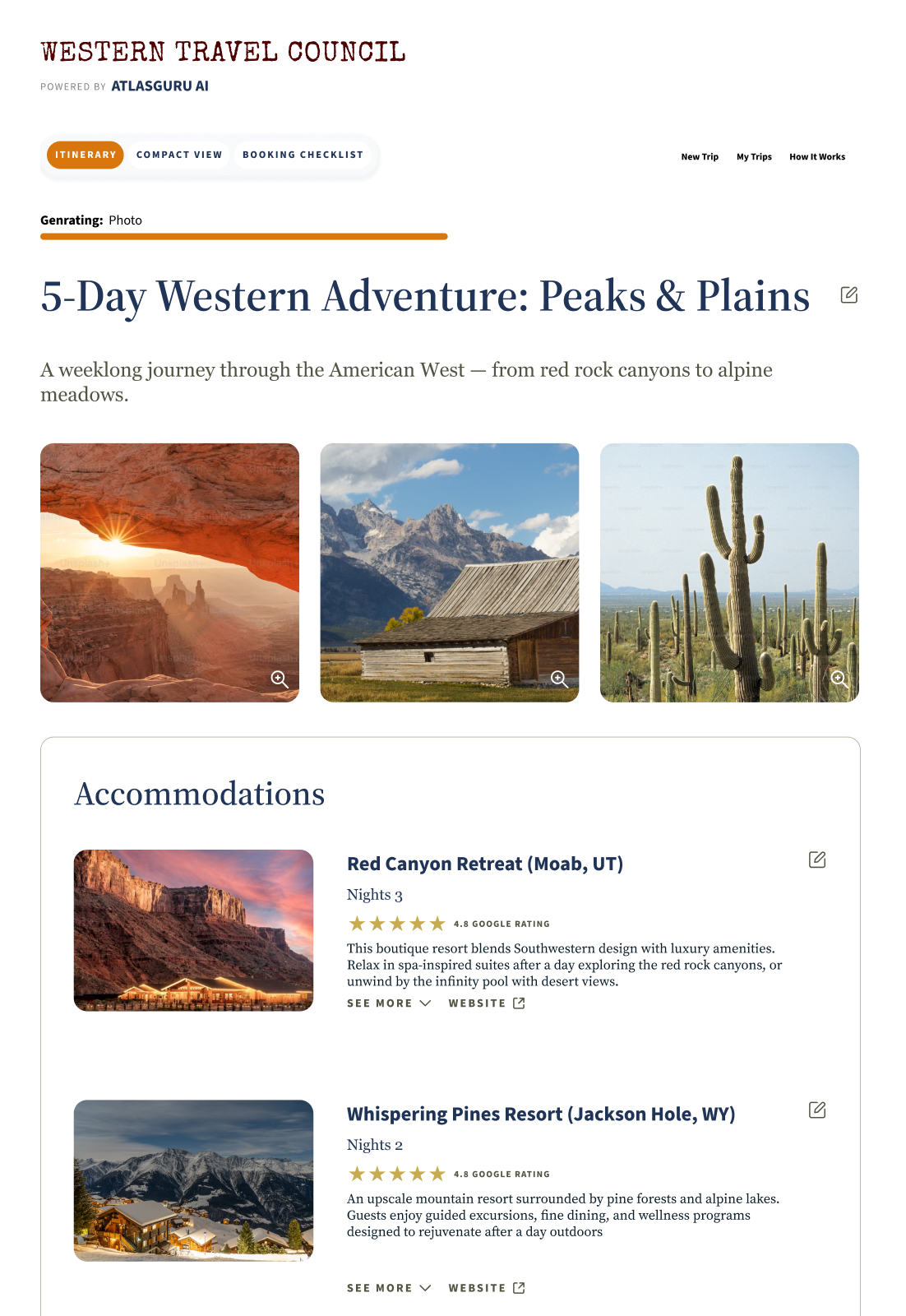 Webpage of Western Travel Council showing a 5-day Western adventure with images of red rock canyon sunrise, mountain barn, and tall cacti, plus accommodation options with photos of Red Canyon Retreat and Whispering Pines Resort.