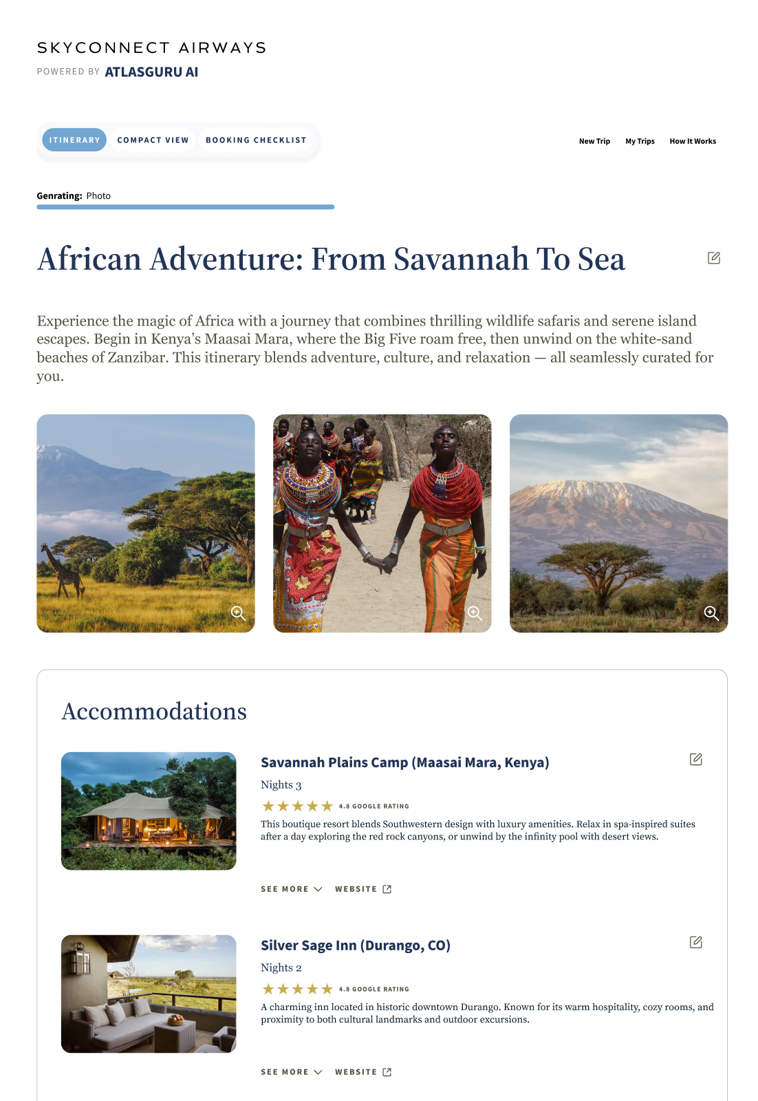 Web page from Skyconnect Airways showing African adventure itinerary with images of giraffes near trees, Maasai women in traditional dress, and Mount Kilimanjaro, plus accommodation details for Savannah Plains Camp in Kenya and Silver Sage Inn in Durango, Colorado.