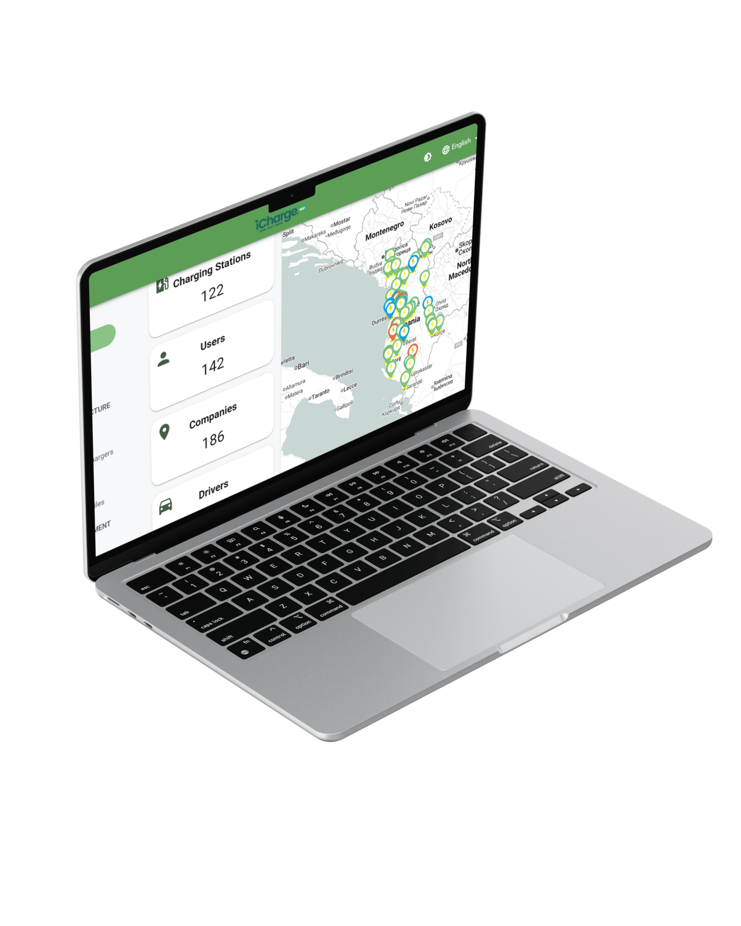Silver laptop displaying a map of Albania with icons for charging stations and a sidebar showing counts of charging stations, users, and companies.