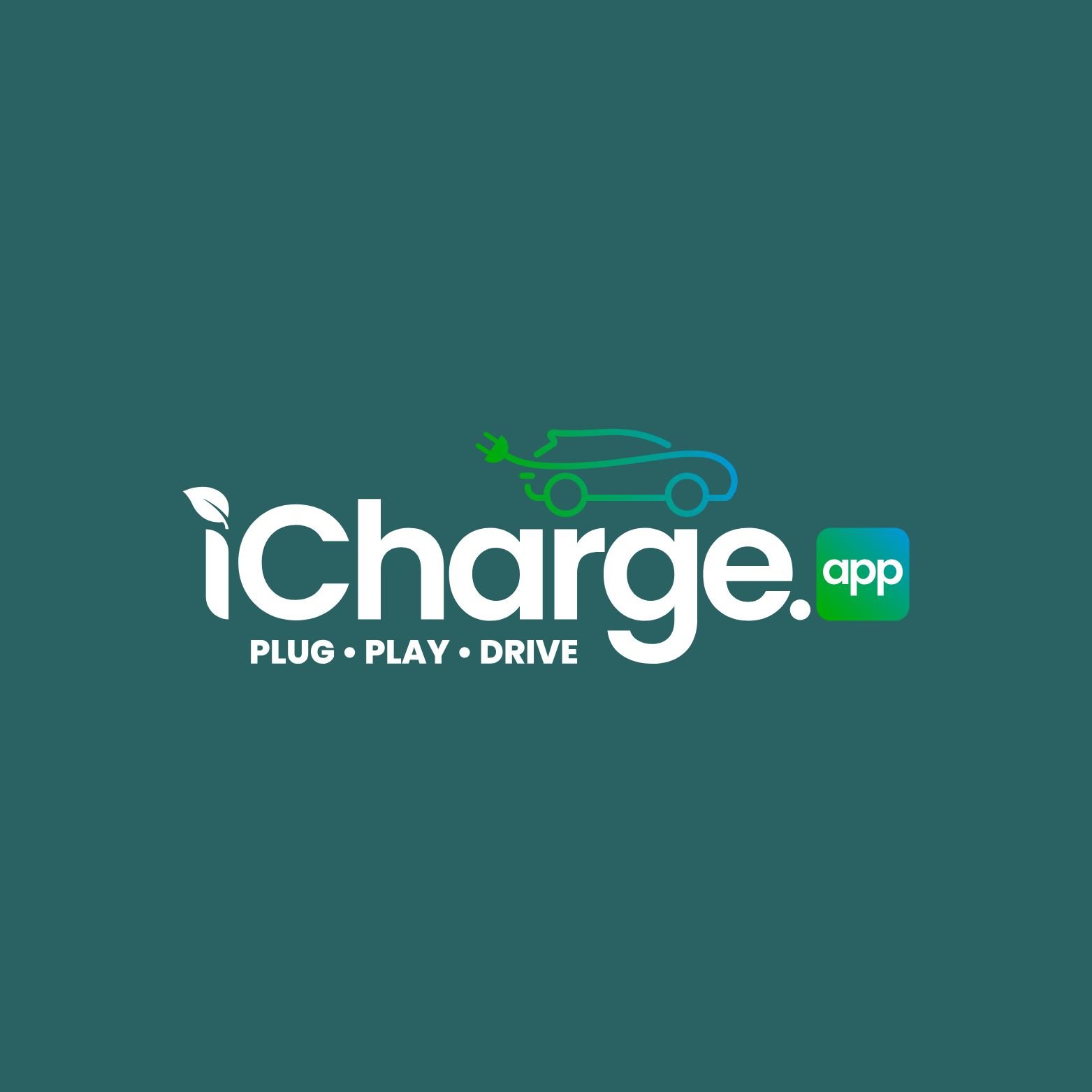 Logo for iCharge app with a stylized electric car and the slogan 'Plug Play Drive' on a teal background.