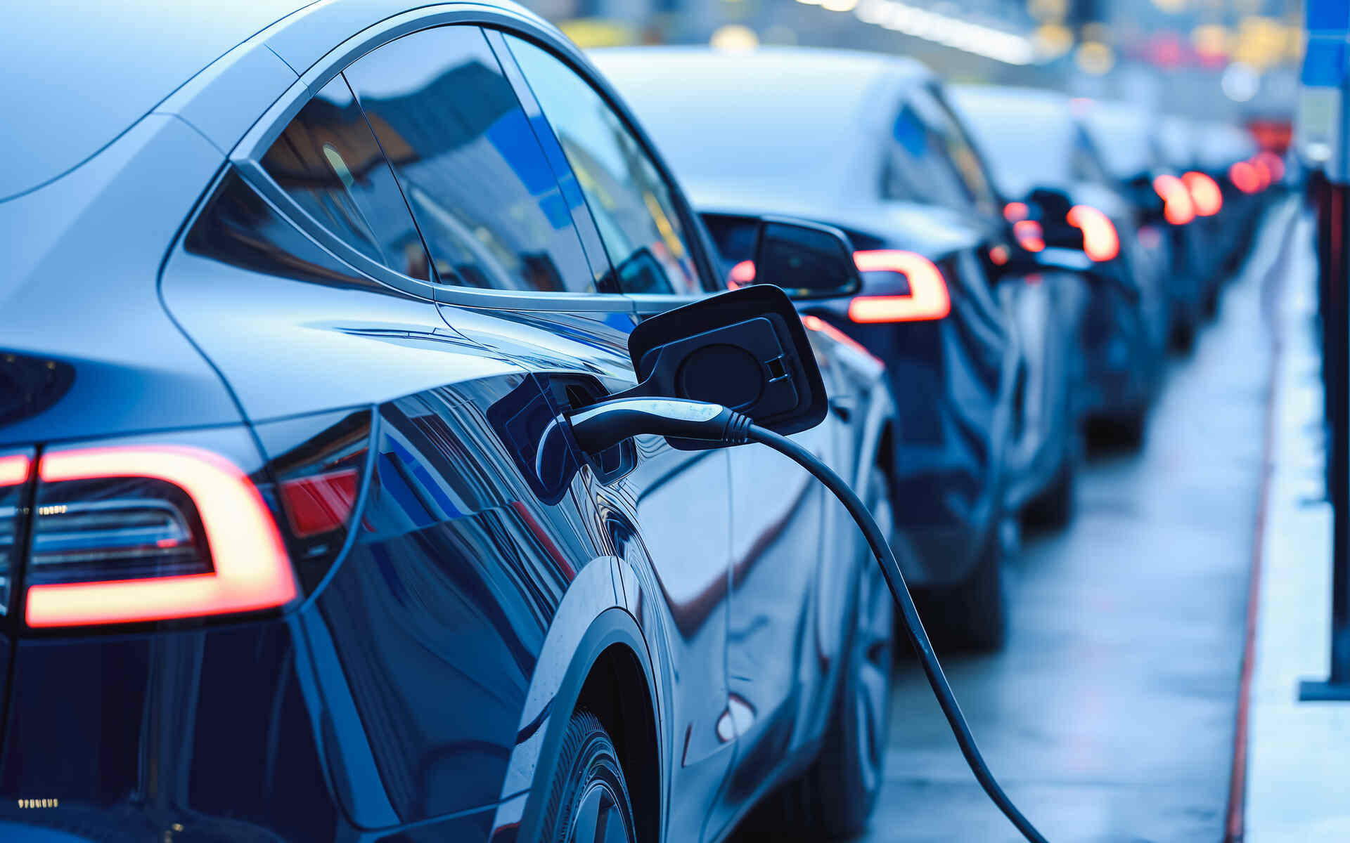 Electric cars lined up and charging at a public charging station.