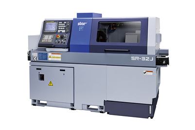 Star SR-32J CNC lathe machine in gray and blue with a control panel and enclosed machining area.
