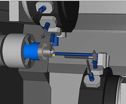 3D rendering of a CNC lathe machine performing a machining operation on a cylindrical metal workpiece with cutting tools positioned around it.