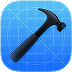 Icon of Xcode. A black hammer over a blue grid background.