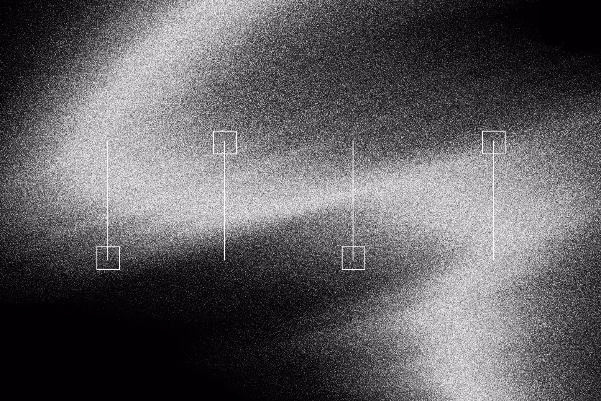 Abstract black and white gradient background with four small white square and line markers evenly spaced across the image.