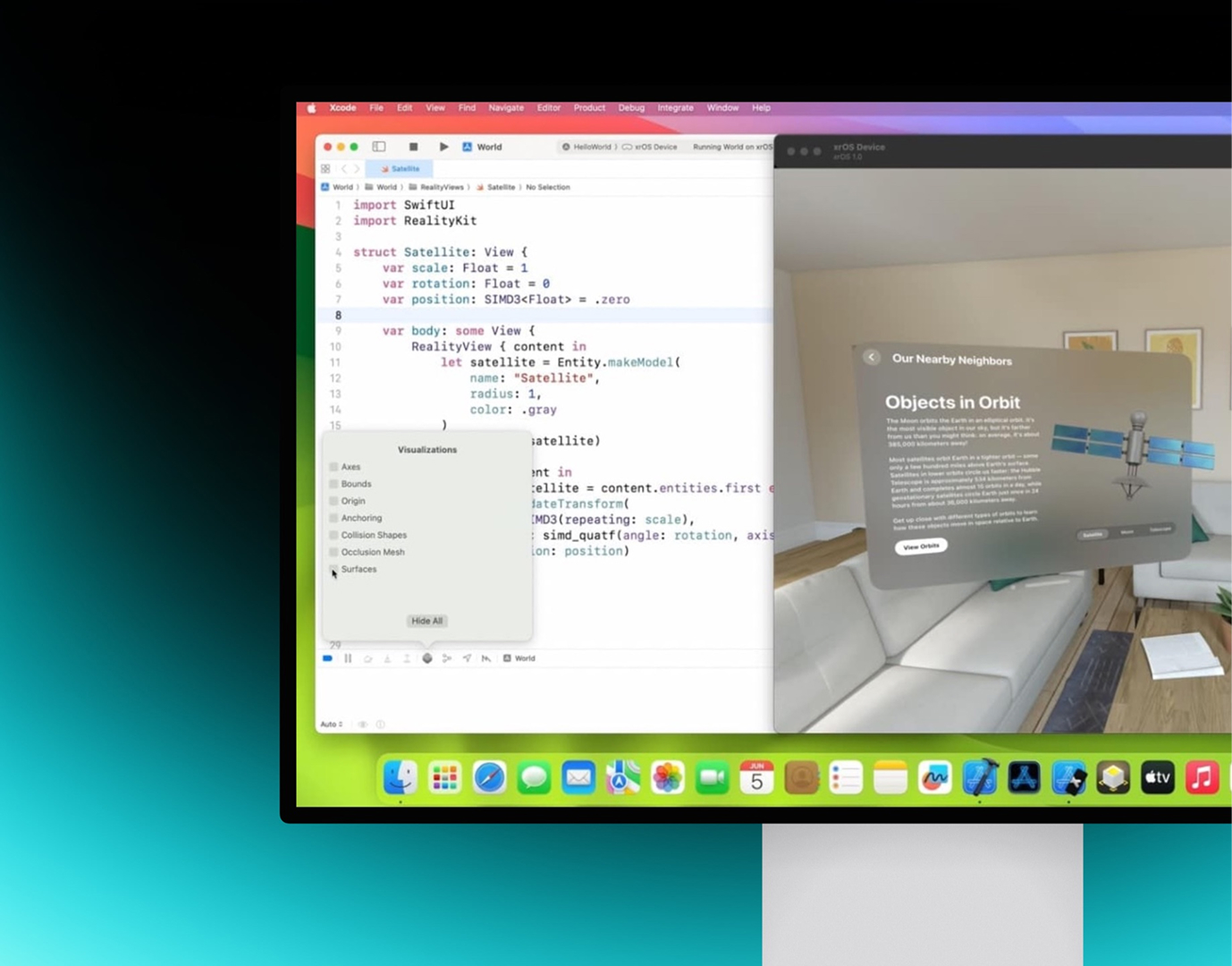Computer screen displaying Xcode on the left with SwiftUI code and a visualization settings menu, and an augmented reality view on the right showing a satellite model with information on objects in orbit.
