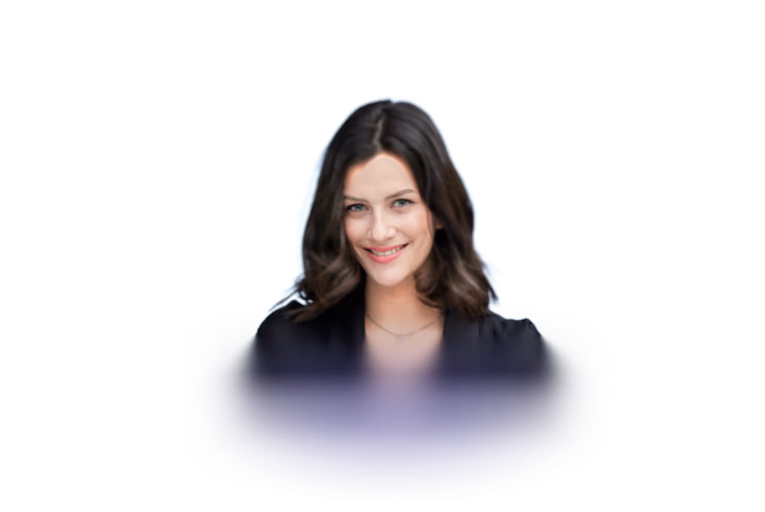 Sixtine persona. Smiling woman with shoulder-length dark hair wearing a black top against a transparent background.