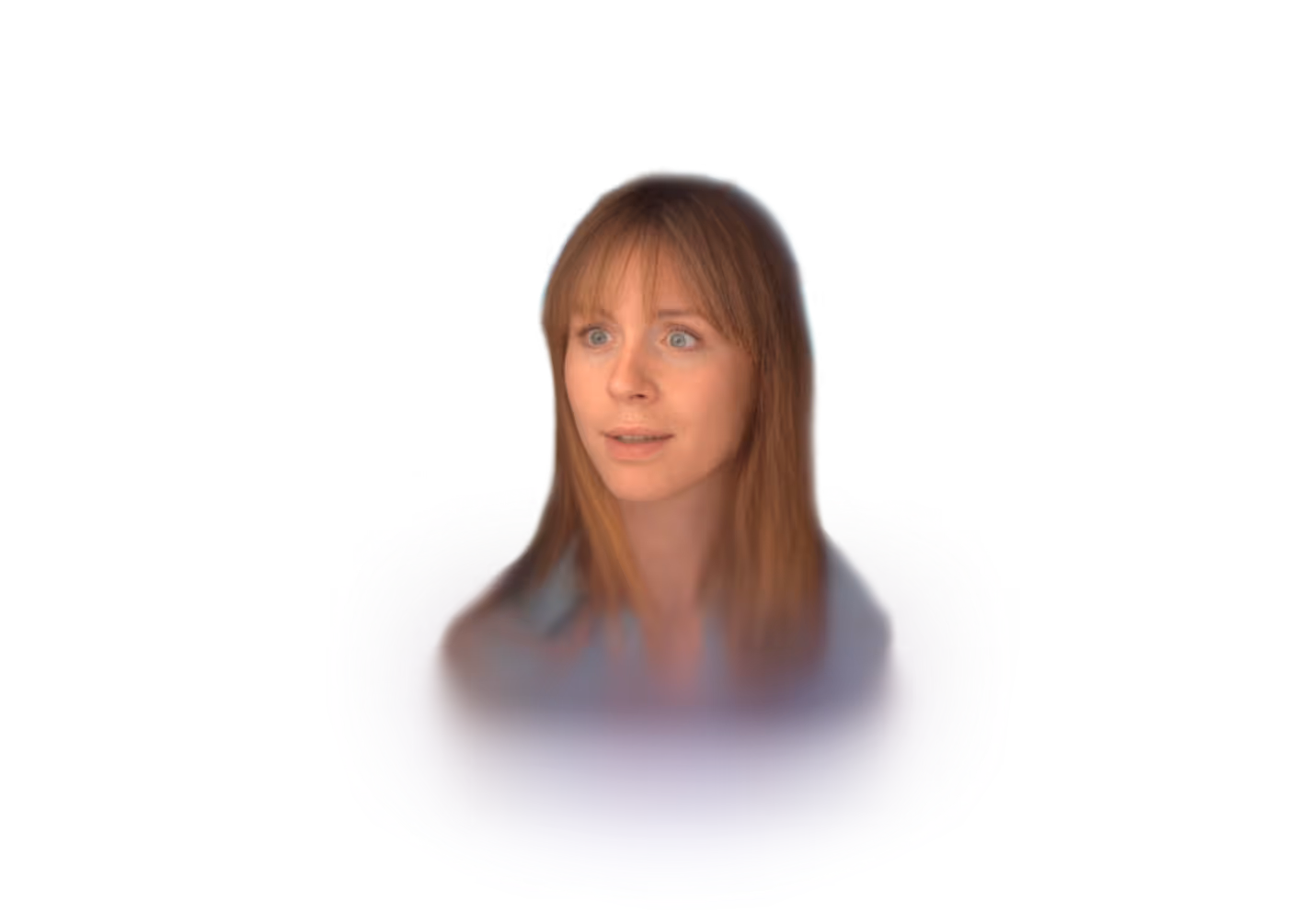 Tina persona. Young woman with straight light brown hair and bangs, looking slightly surprised or attentive on a transparent background.