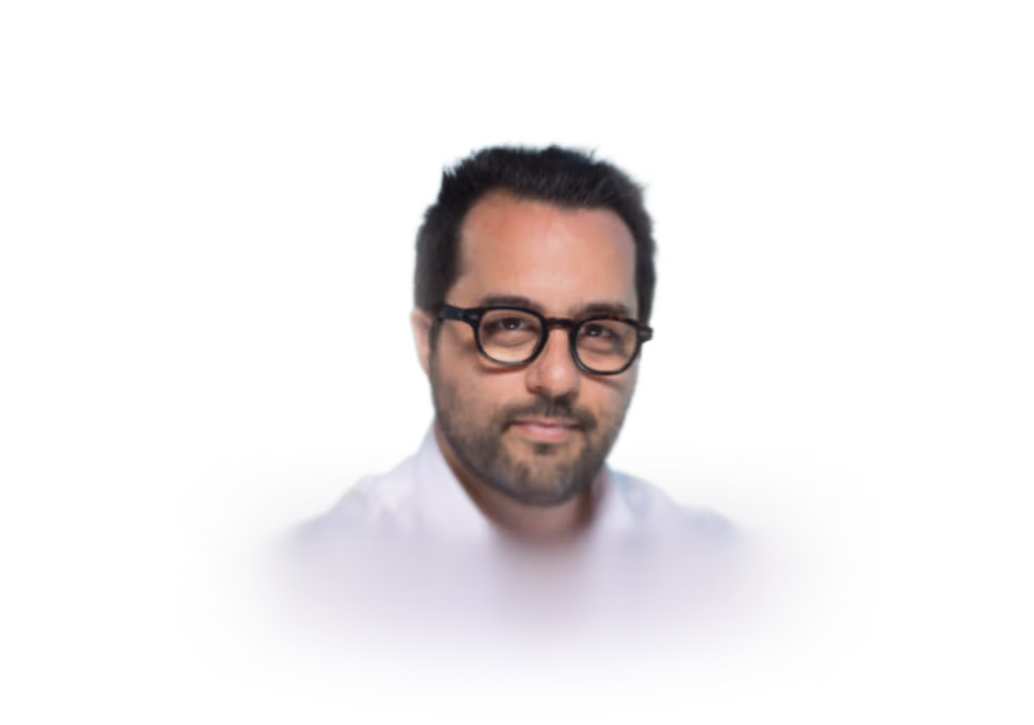 Frank-David persona. Man with short dark hair, beard, and black glasses wearing a white shirt.