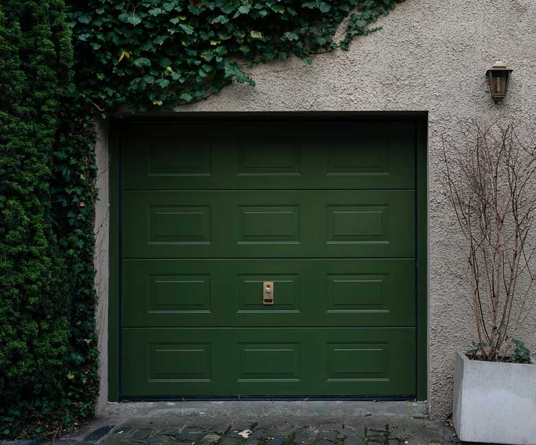 Closed dark green garage door surrounded by textured gray wall with ivy on the left and a leafless plant in a white pot on the right.