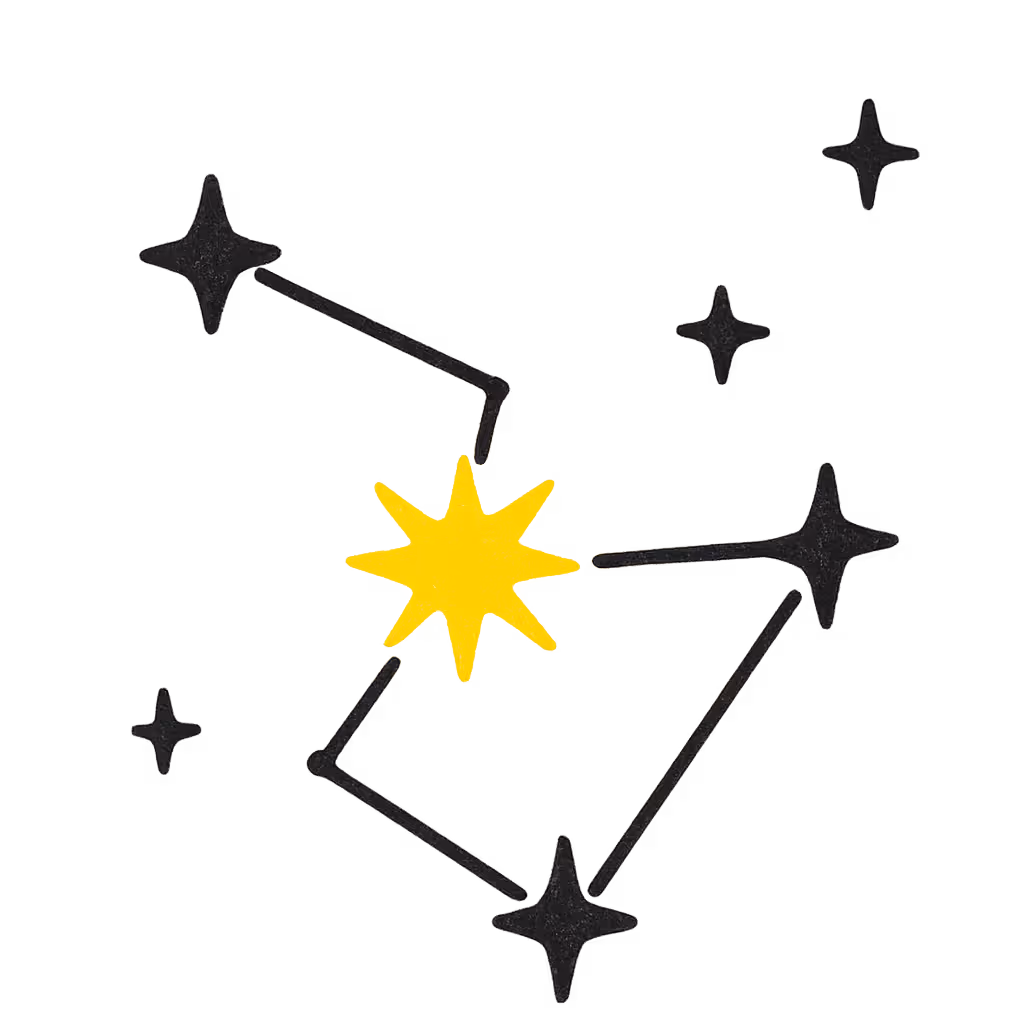 Illustration of a glowing yellow star at the center of a black constellation shape with smaller stars around it on a dark background.