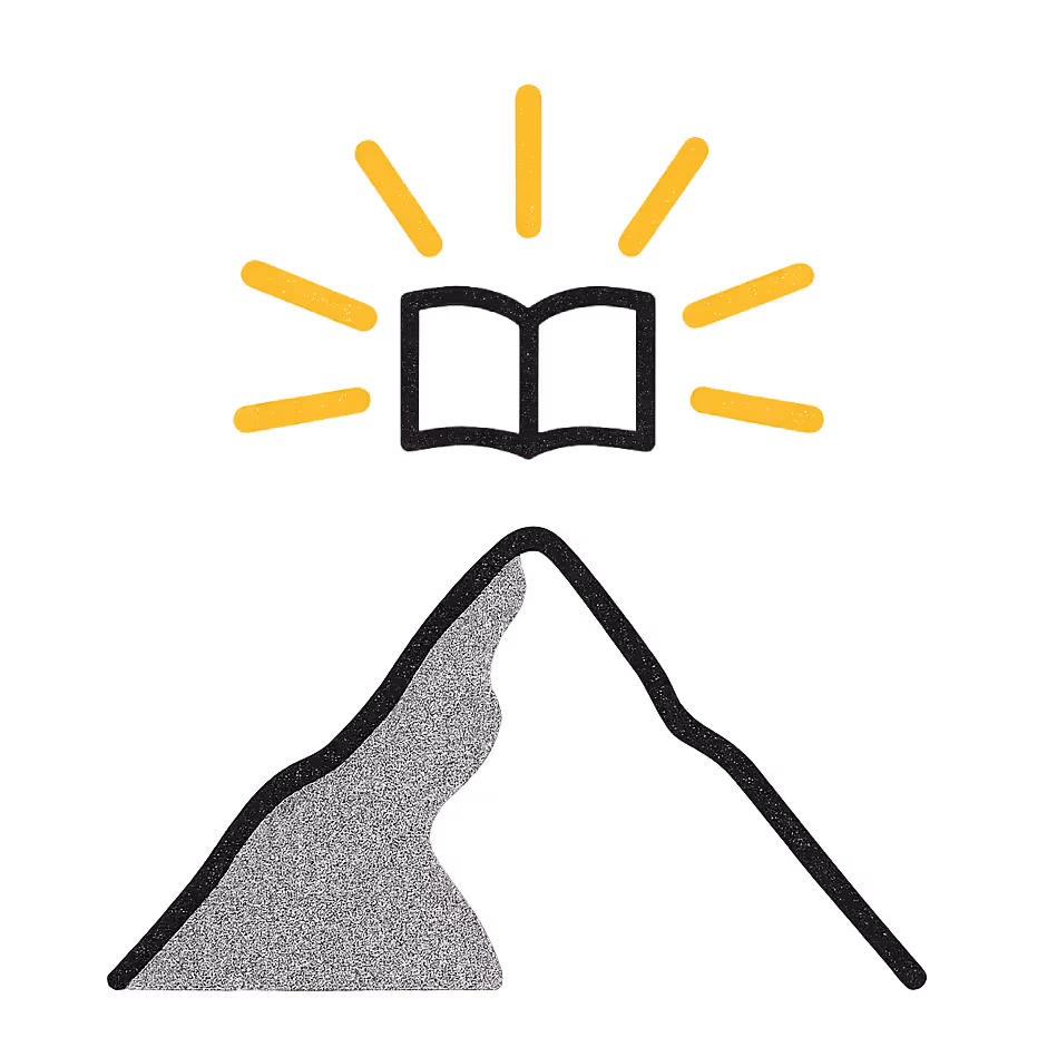 Illustration of a mountain with an open book at its peak, surrounded by yellow rays of light.